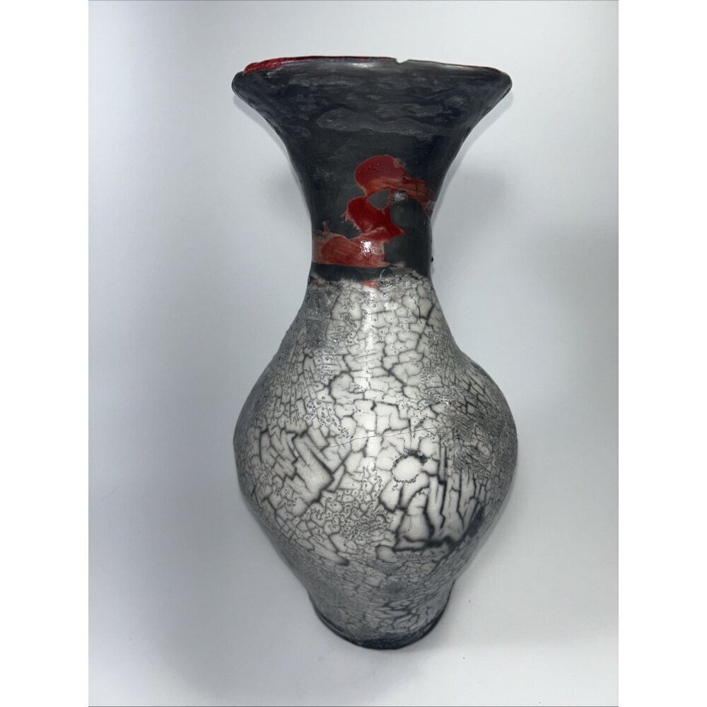 Vtg Brutalist Raku Pottery Vase 13” Black White W/ Red Drip Marked